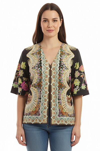 ETRO Dámská Halenka černé Květinová Vzorovaná Boho S Krátkým Rukávem Velikost 42