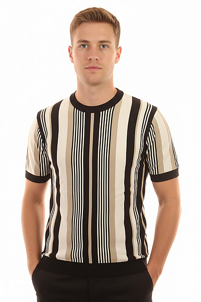 LAWRENCE GREY Pánský Bavlněný Pruhovaný Svetr Krátký Rukáv Béžový černý Velikost M