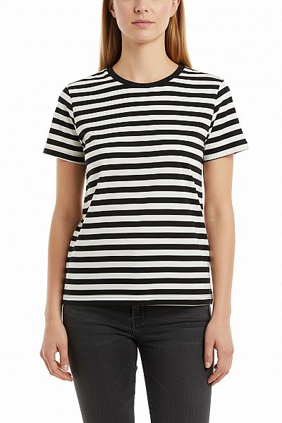 Hugo Boss Dámské Bavlněné Tričko S Krátkým Rukávem A Kulatým Výstřihem Pruhované Basic Velikost L