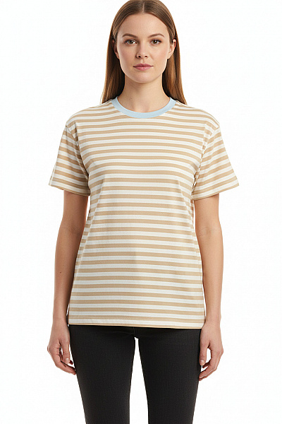 Sublevel Dámské Bavlněné Tričko Béžové Svislé Pruhy Basic S Krátkým Rukávem Vel. M
