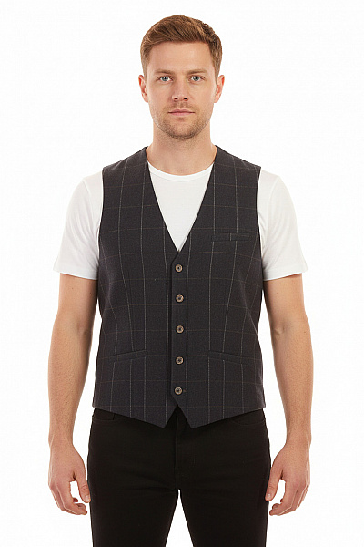 Cavalinho Pánská Společenská Vesta Tmavě Modrá Kostkovaná Elegantní Bez Rukávů Velikost 52