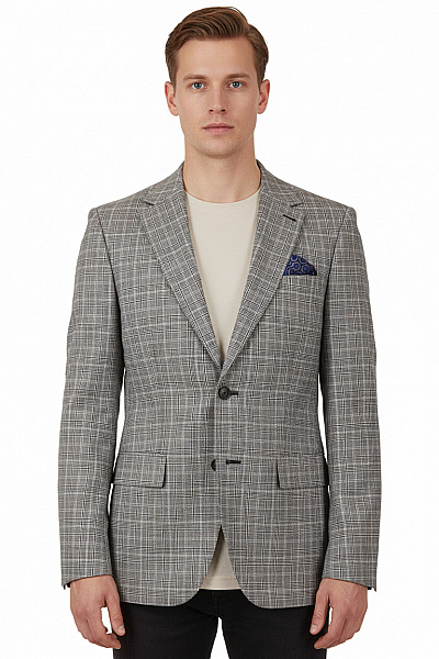 HARRY BROWN Lněné Sako Elegantní Kostkované šedé Vzorované Moderní Na Běžné Nošení Vel. 36