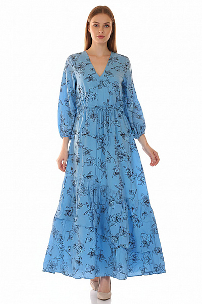 IVY & OAK Modré Dlouhé Květované šaty S Dlouhým Rukávem Volné Vel. 38