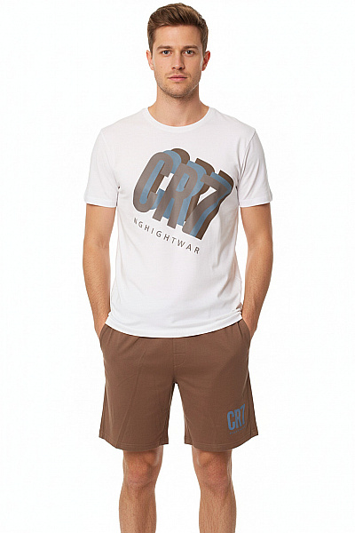 CR7 Pánské Pyžamo Hnědé Bílé Tričko S Potiskem Kraťasy Velikost M