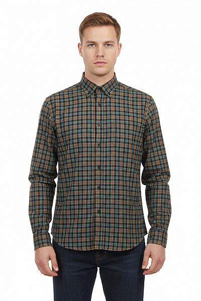 LAWRENCE GREY Pánská Hnědá Zelená Kostkovaná Ležérní Košile Dlouhý Rukáv Velikost XXL