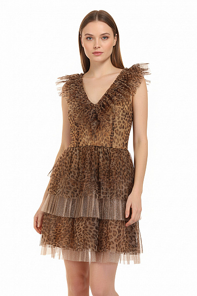 LIU JO Letní šaty Zvířecí Vzor Tylové Třpytivé Volnočasové Velikost S