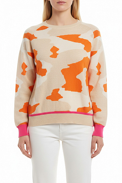 Brodie Cashmere Dámský Kašmírový Pulovr Oranžový Béžový Maskáčový Vzorovaný Pletený Lehký Přes Hlavu Vel. M