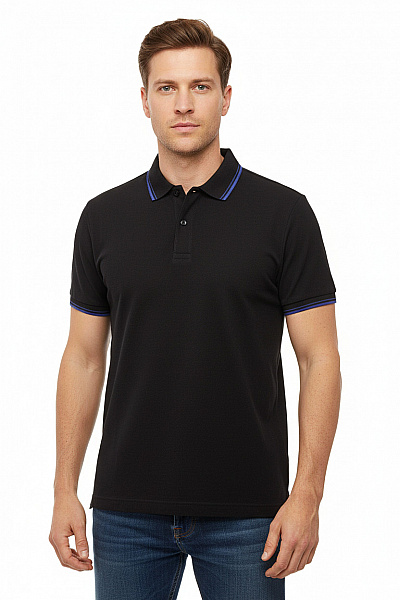 LAWRENCE GREY Pánské Bavlněné Polo Tričko černé S Modrým Lemováním Velikost XL