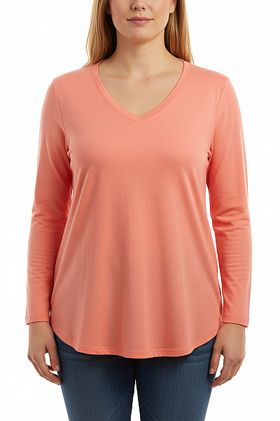 RÖSCH Dámské Bavlněné Tričko Korálové V-výstřih Dlouhý Rukáv Basic Vel. 48