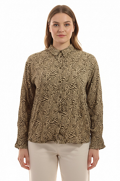 MSCH Copenhagen Dámská Viskózová Košile Dlouhý Rukáv Zebra Vzorovaná Ležérní Béžová Vel. S/M