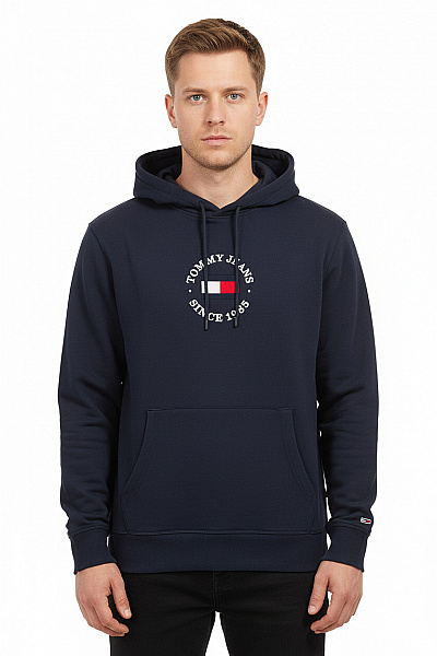 TOMMY HILFIGER Pánská Tmavě Modrá Mikina S Kapucí A Potiskem Streetwear Styl Velikost L