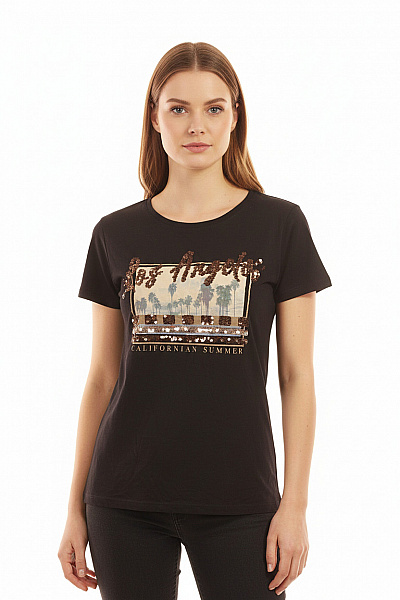 Sublevel Dámské Viskózové černé Tričko S Krátkým Rukávem A Flitry S Potiskem Léta Vel. M