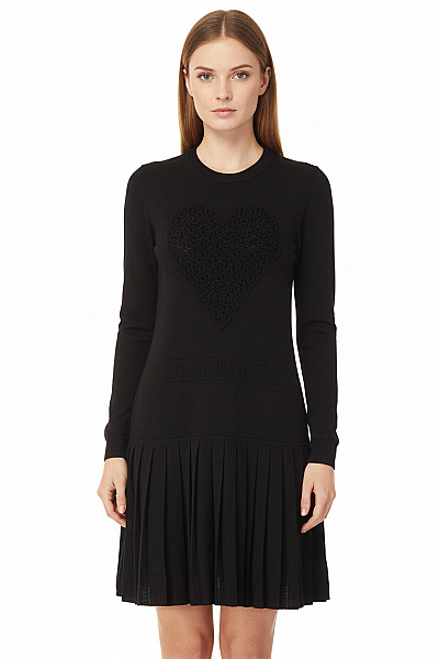 MOSCHINO Černé Pletené šaty Srdce Dlouhý Rukáv Mini Plisované Elegantní Velikost 36