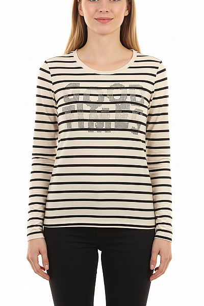 BETTY BARCLAY Dámské Béžové černé Pruhované Tričko S Dlouhým Rukávem A Flitrovým Nápisem Velikost M