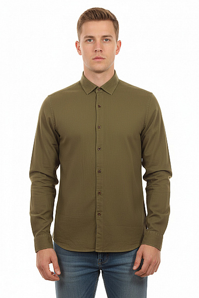 OLYMP Pánská Bavlněná Košile Khaki Dlouhý Rukáv Ležérní Regular Fit Velikost L