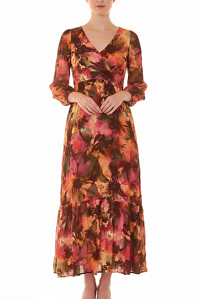 LAWRENCE GREY Dámské šaty S Dlouhým Rukávem Květované Zavinovací Maxi Velikost 34