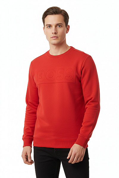 Hugo Boss Pánská červená Bavlněná Mikina Crewneck S Reliéfním Nápisem Vel. S