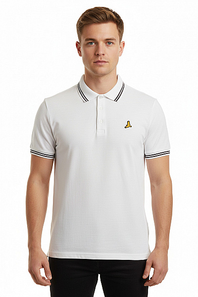 BRAVE SOUL Bavlněné Bílé Polo Tričko Krátký Rukáv Pruhované Límeček Výšivka Vel. M