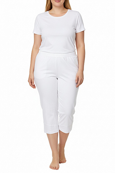 Mona Bílé 3/4 Kalhoty S Gumou V Pase Pohodlné Volnočasové S Kapsami Vel. 52