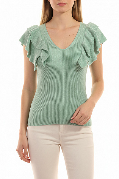 Lipsy Dámská Viskózová Pletená Halenka Zelená S Volánky A Výstřihem Do V Velikost 40