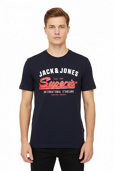 JACK & JONES Pánské Bavlněné Tmavě Modré Tričko S Krátkým Rukávem A Potiskem Velikost S