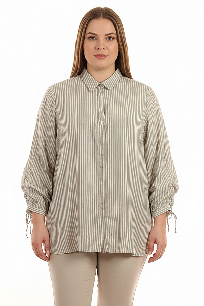 Dámská Béžová Pruhovaná Košile Dlouhý Rukáv Ležérní Volná Na Zavazování Velikost XXL