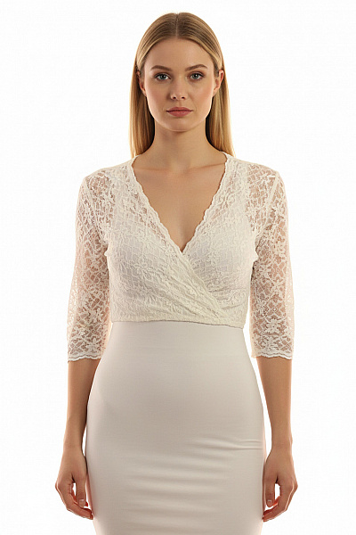 Trachtenmanufaktur Bílá Bavlněná Krajková Zavinovací Společenská Halenka S 3/4 Rukávem Velikost EU 42