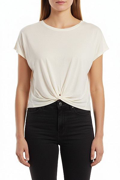 LAWRENCE GREY Dámské Viskózové Tričko Krémové Jednobarevné Basic S Krátkým Rukávem S Uzlem Velikost 40