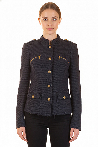 STRADIVARIUS Tweedové Vojenské Sako Tmavě Modré Vypasované Se Stojáčkem Zlaté Knoflíky Velikost S