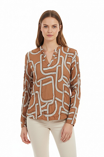 ETERNA Dámská Viskózová Halenka Hnědá Retro Vzorovaná S Dlouhým Rukávem Vel. 40
