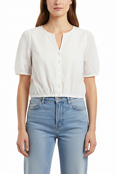 HAMMERSTEIN Bílá Bavlněná Halenka Crop S Krátkým Rukávem Propínací S Výstřihem Do V Letní Vel. S