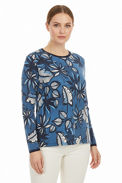 RABE Dámské Viskózové Tričko S Dlouhým Rukávem Modré Květinový Vzor S Kulatým Výstřihem Velikost 44