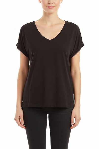 Dámské černé Basic Tričko S Krátkým Rukávem V-výstřih Volný Střih Velikost M