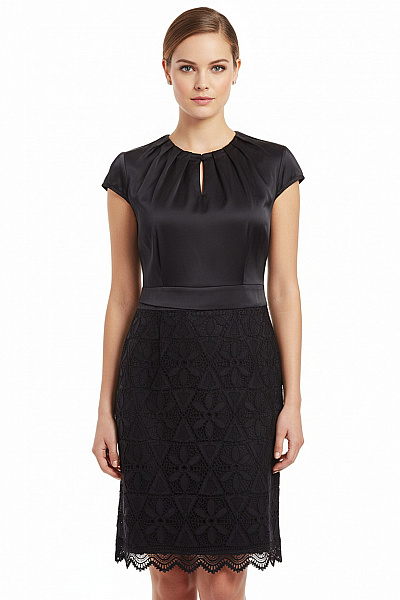 BETTY BARCLAY Černé Pouzdrové šaty Krajkové Saténové Elegantní Koktejlové Krátké S Páskem Vel. 40