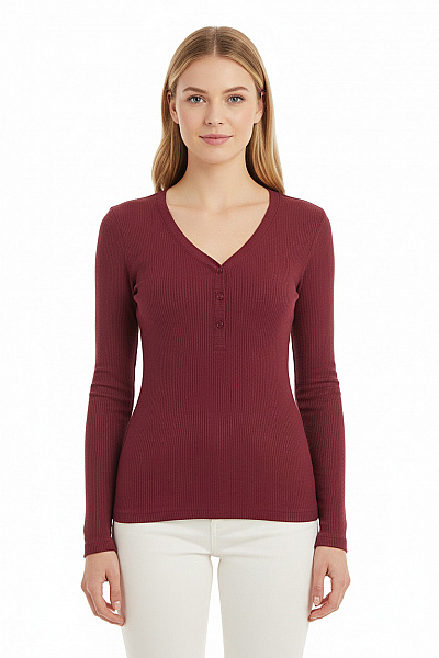 S.OLIVER Dámské žebrované Tričko Vínové S Dlouhým Rukávem V-výstřih Henley Basic Velikost 38
