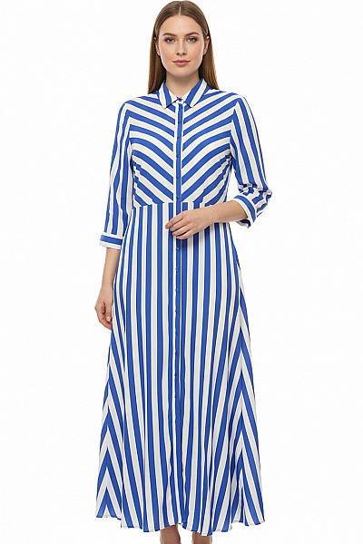 Dámské šaty S Dlouhým Rukávem Pruhované Modro-bílé Košilové Maxi Velikost M
