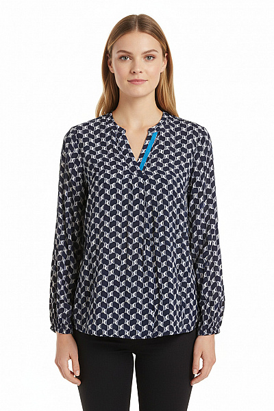 Cartoon Dámská Viskózová Halenka S Dlouhým Rukávem Modrá Vzorovaná Elegantní Tuniková Velikost 36