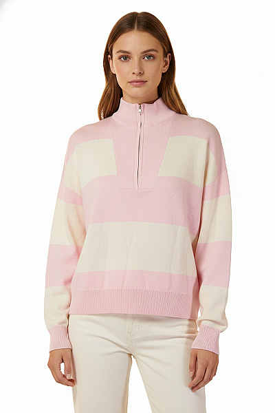 BRAVE SOUL Dámský Pruhovaný Pulovr Se Stojáčkem Na Zip Volný Velikost S