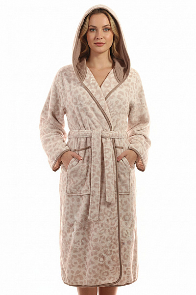 JETTE Dámský župan S Kapucí A Leopardím Vzorem Froté Velikost M