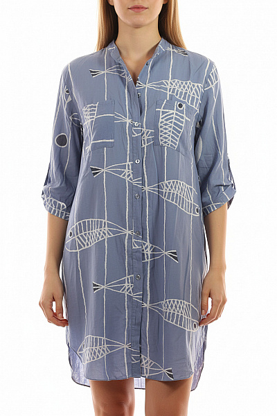 ZAUBERSTERN Modré Viskózové Košilové šaty S Potiskem Ryb Volné Tunikové Na Denní Nošení Vel. M