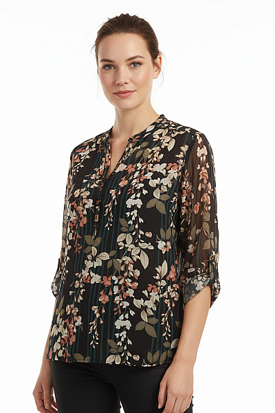 NILE Dámská Viskózová Halenka S Dlouhým Rukávem Květinová Pruhovaná Volná Vel. M