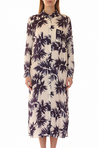 Donna Karan Viskózové Dlouhé šaty Košilové S Dlouhým Rukávem Bílé Modré Palmové Volné Denní Vel. L