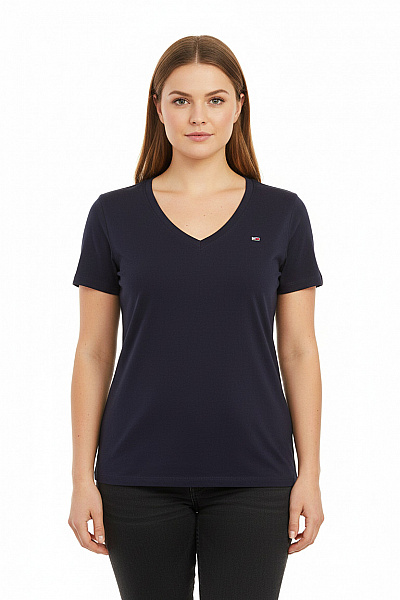 TOMMY HILFIGER Dámské Bavlněné Tričko Tmavě Modré Basic Krátký Rukáv V Výstřih Jednobarevné Vel. Xl