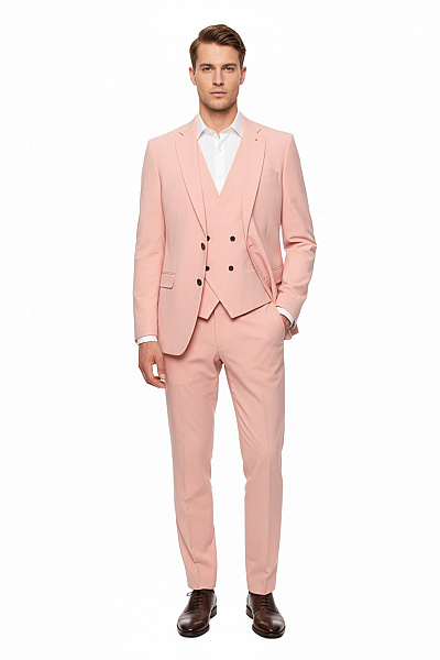 Hugo Boss Pánský Třídílný Společenský Oblek Růžový Hladký Moderní Velikost 50