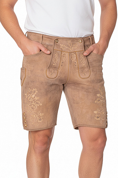 Trachtenmanufaktur Pánské Kožené Kraťasy Hnědé S Výšivkou Volnočasové Velikost XXL