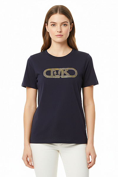 MICHAEL KORS Dámské Bavlněné Modré Tričko S Krátkým Rukávem A Zlatým Nápisem Velikost M