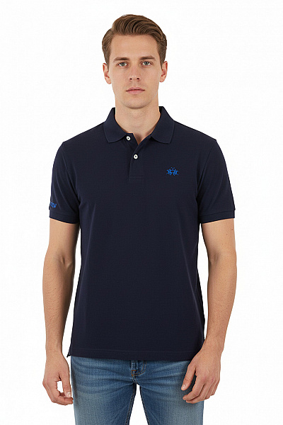 La Martina Pánské Bavlněné Tmavě Modré Polo Tričko S Krátkým Rukávem A Výšivkou Velikost L