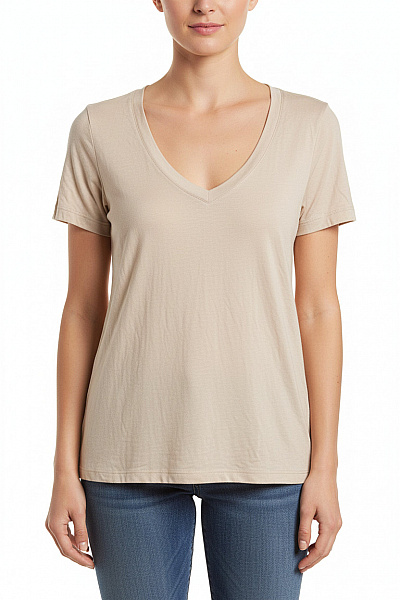 LAWRENCE GREY Dámské Viskózové Tričko Béžové Basic S Krátkým Rukávem A Velkým Výstřihem Velikost S