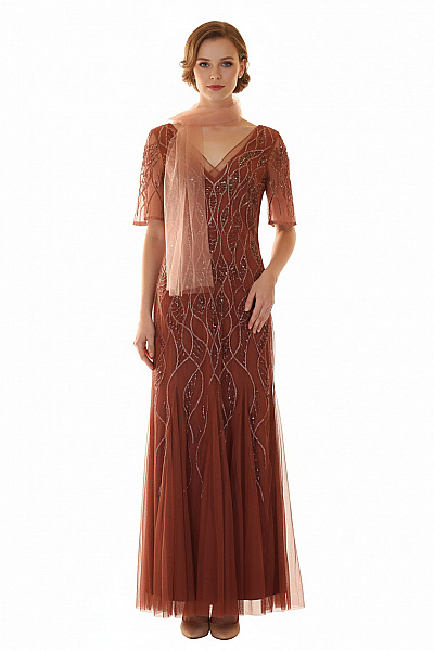 Adrianna Papell Dlouhé Společenské šaty S Krátkým Rukávem Korálkové Vintage Velikost 38