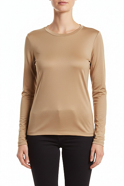 LAWRENCE GREY Dámské Polyesterové Viskózové Tričko Béžové Jednobarevné Lesklé Dlouhý Rukáv Basic S Kulatým Výstřihem Vel. 34